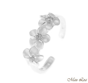 925 Sterling Silver Hawaiian Triple Plumeria Flower White CZ Open Toe Ring