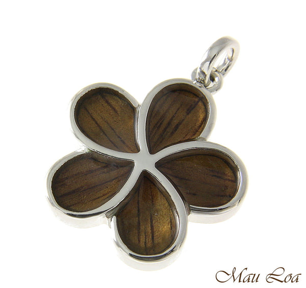 Koa Wood Hawaiian 24mm Plumeria Flower Rhodium Silver Plated Brass Slide Pendant