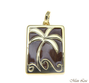 Koa Wood Hawaiian Scroll Vertical Palm Tree Yellow Gold Brass Reversible Pendant