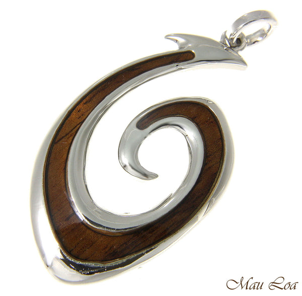 Koa Wood Hawaiian Wave Fish Hook Rhodium Silver Plated Brass Reversible Pendant