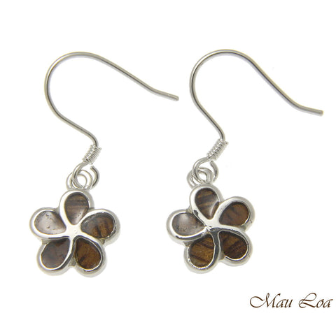 Koa Wood Hawaiian Plumeria Flower Rhodium Silver Plated Brass Hook Wire Earrings
