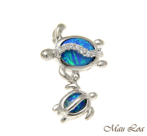 925 Silver Rhodium Hawaiian Honu Turtle Family Mom Baby Opal CZ Slider Pendant