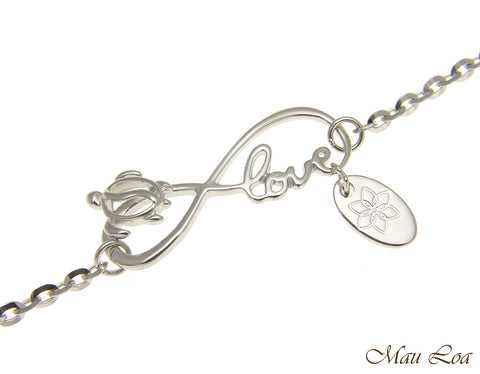 925 Silver Rhodium Hawaiian Honu Sea Turtle Infinity Love Joy Chain Anklet 9"+