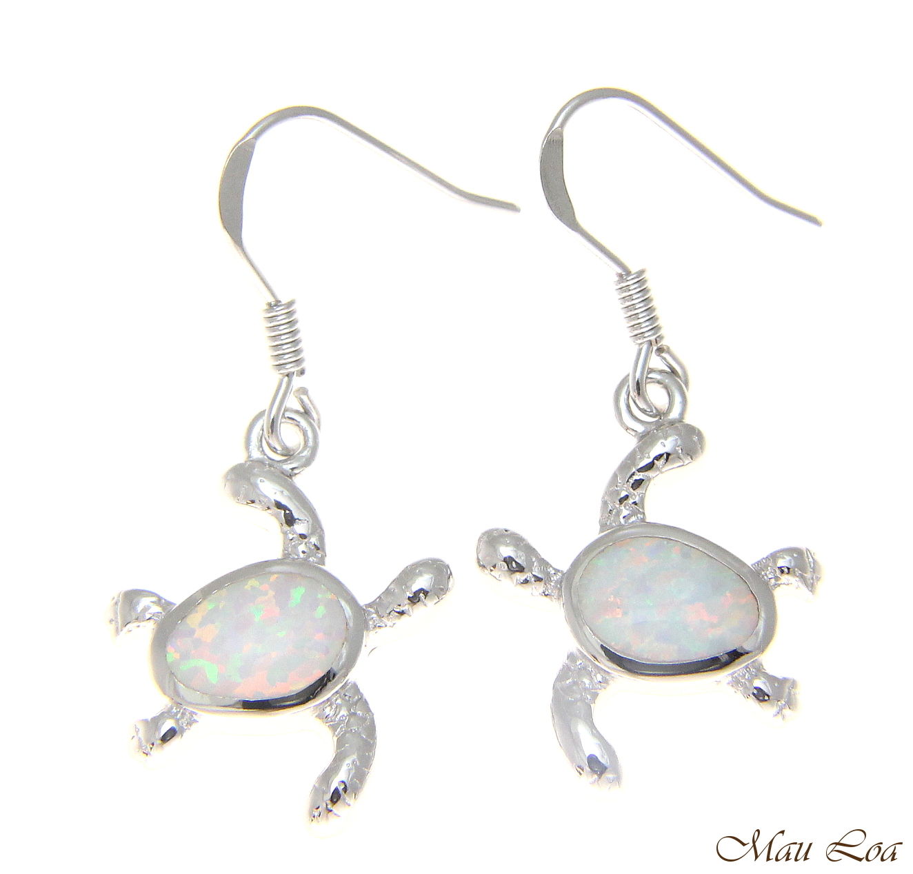925 Sterling Silver Rhodium Hawaiian Honu Turtle White Opal Hook Wire Earrings