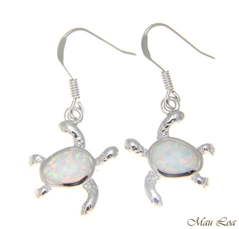 925 Sterling Silver Rhodium Hawaiian Honu Turtle White Opal Hook Wire Earrings