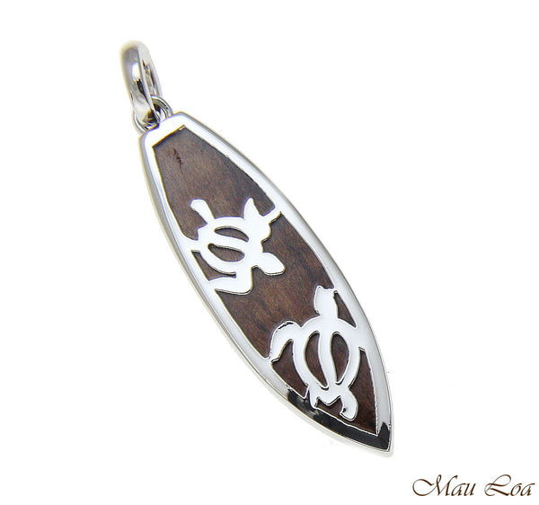 Koa Wood Hawaiian Honu Sea Turtle Surfboard Rhodium Silver Plated Brass Pendant