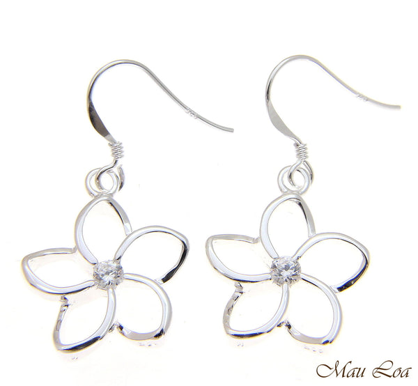 925 Silver Hawaiian Floating Outline CZ Plumeria Flower Hook Wire Earrings