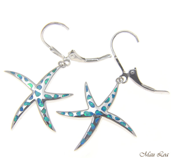 925 Silver Rhodium Hawaiian Starfish Sea Star Blue Opal Leverback Earrings