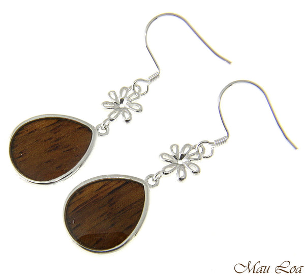 Koa Wood Hawaiian Teardrop Flower Rhodium Silver Plated Brass Hook Wire Earrings