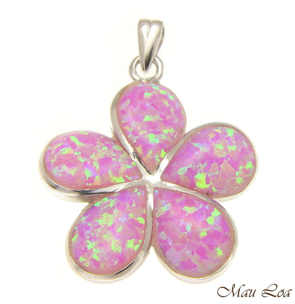 925 Sterling Silver Rhodium Pink Opal Hawaiian Plumeria Flower Pendant 12-30mm