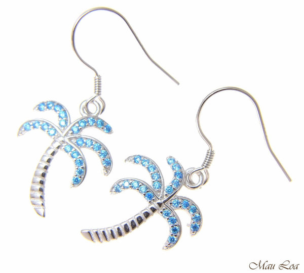 925 Sterling Silver Blue Topaz Hawaiian Palm Tree Wire Hook Earrings