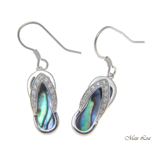 925 Sterling Silver Hawaiian CZ Slipper Abalone Shell Paua Wire Hook Earrings