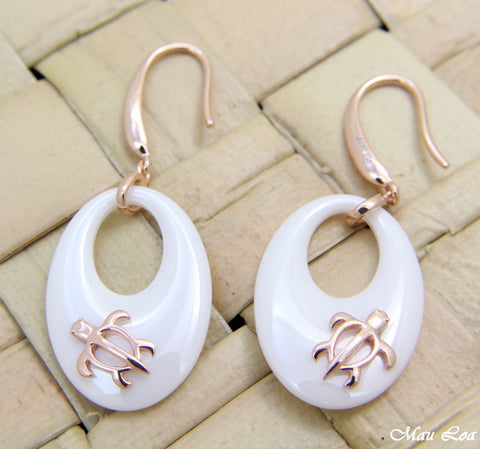925 Silver Pink Rose Gold Hawaiian Honu Sea Turtle White Ceramic Oval Earrings