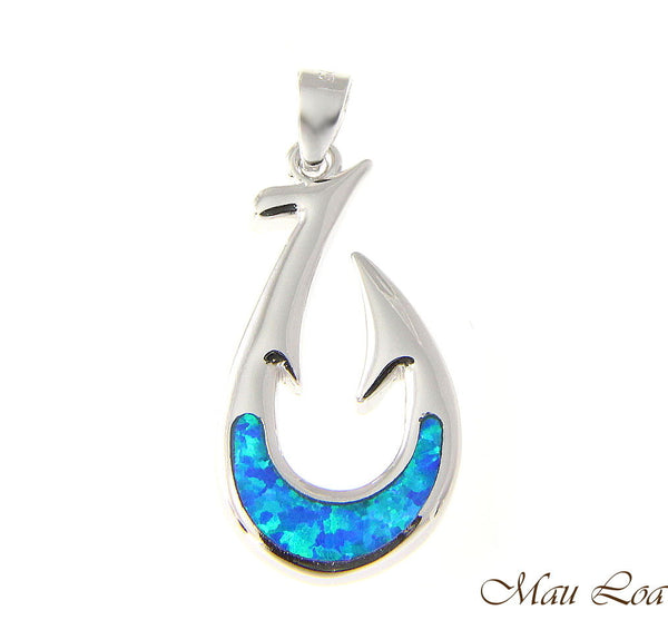 925 Sterling Silver Rhodium Hawaiian Blue Opal Fish Hook Pendant Charm