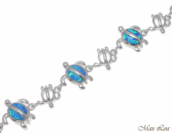 925 Sterling Silver Rhodium Hawaiian Sea Turtle Honu Blue Opal Bracelet 7"+