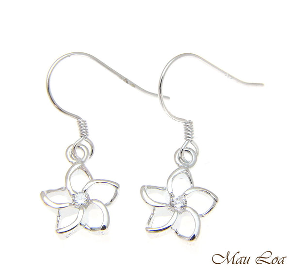 925 Silver Hawaiian Floating Outline CZ Plumeria Flower Hook Wire Earrings