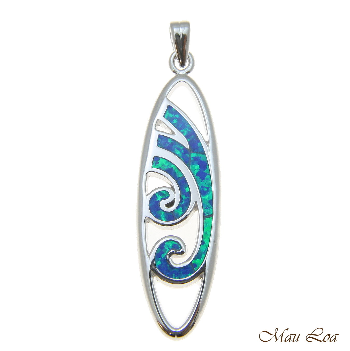 925 Sterling Silver Rhodium Hawaiian Blue Opal Ocean Wave Surfboard Pendant