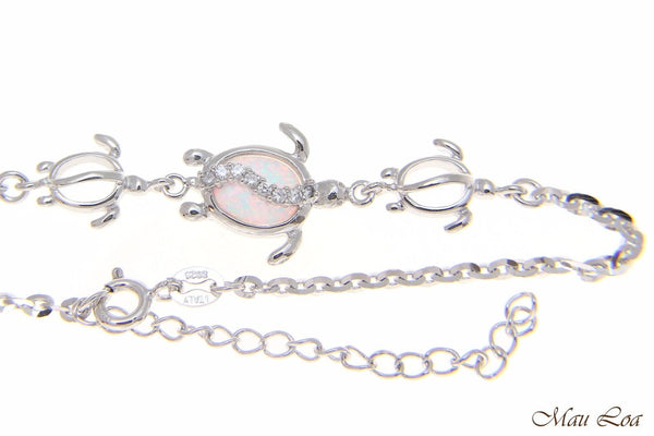 925 Silver Rhodium Hawaiian Honu Turtle CZ White Opal Link Chain Bracelet 7"+