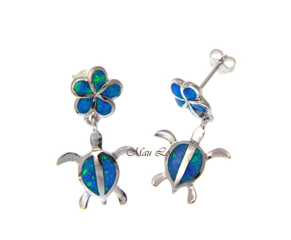 925 Sterling Silver Hawaiian Plumeria Flower Honu Sea Turtle Opal Post Earrings