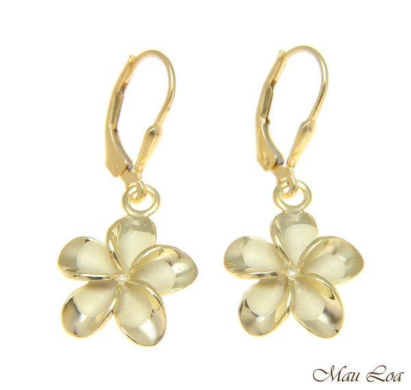 925 Silver Yellow Gold Hawaiian Plumeria Flower No CZ Stone Leverback Earrings