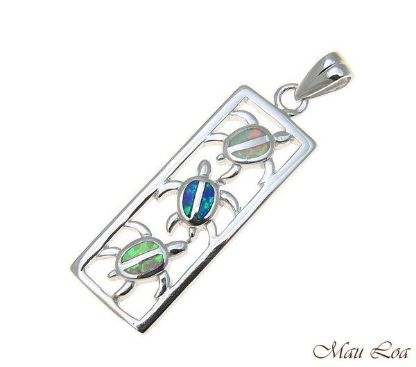 925 Sterling Silver Rhodium Hawaiian Multi Opal Vertical Honu Sea Turtle Pendant