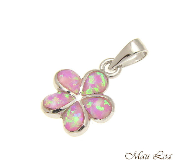 925 Sterling Silver Rhodium Pink Opal Hawaiian Plumeria Flower Pendant 12-30mm