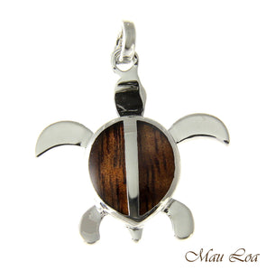 Koa Wood Hawaiian Honu Sea Turtle Rhodium Silver Plated Brass Pendant Charm