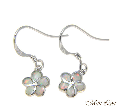 925 Silver Rhodium Hawaiian Plumeria Flower White Opal Wire Hook Earrings 8-15mm