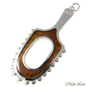 Koa Wood Hawaiian Polynesian Leiomano Shark Teeth Weapon Rhodium Brass Pendant