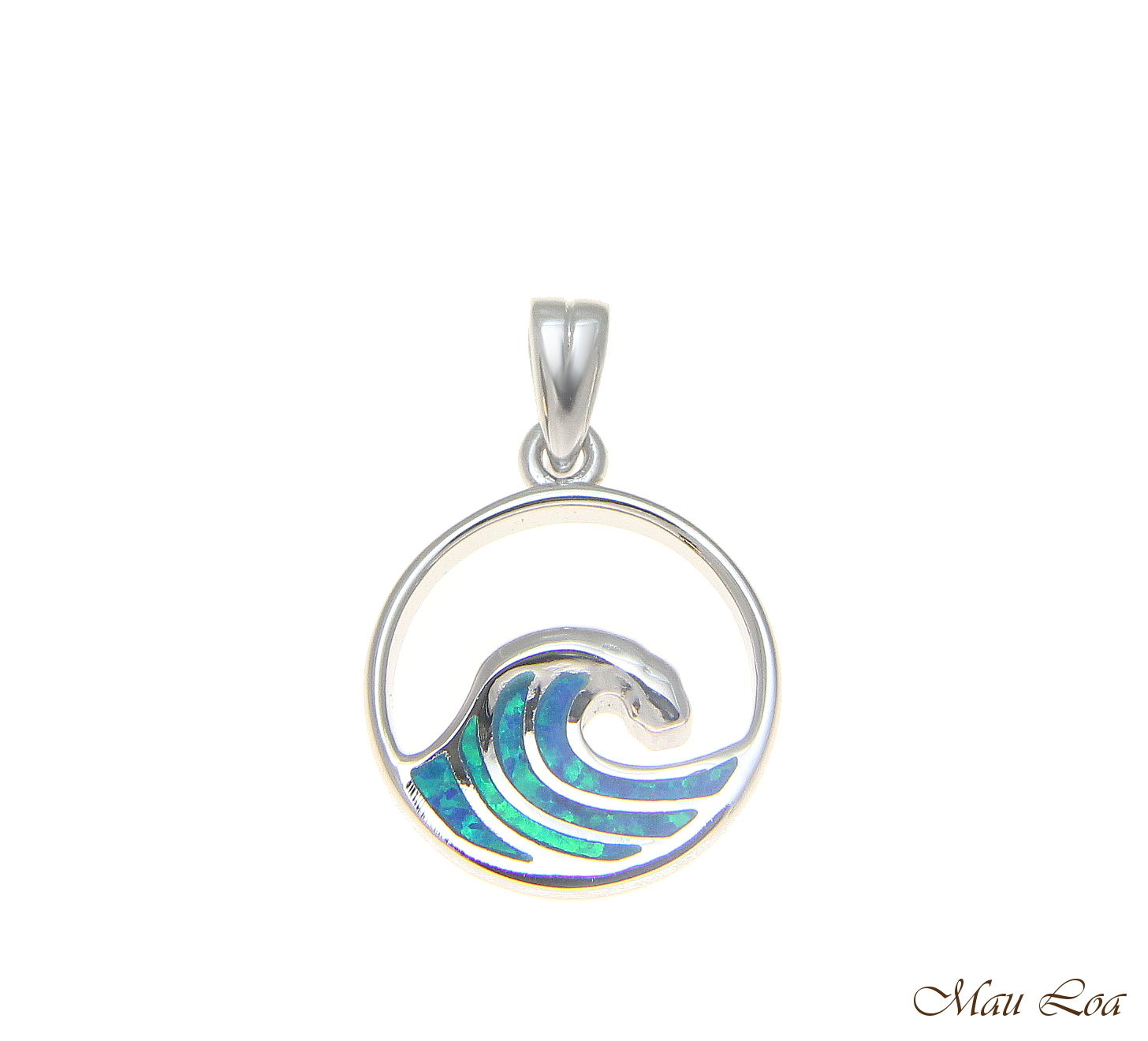 925 Sterling Silver Rhodium Hawaiian 15mm Ocean Wave Blue Opal Pendant Charm