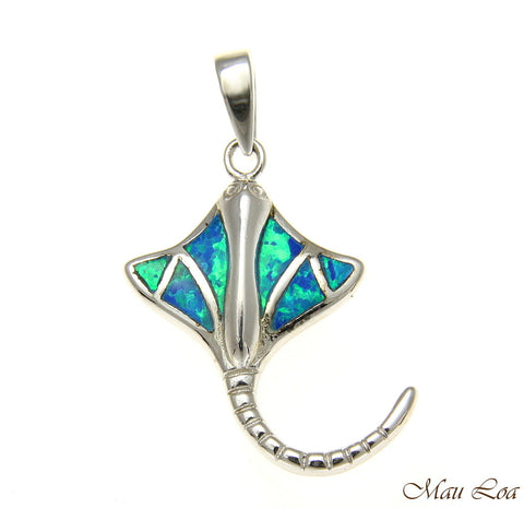 925 Sterling Silver Rhodium Hawaiian Stingray Fish Blue Opal Pendant Charm