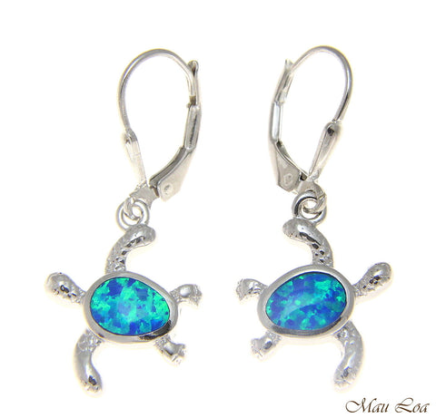 925 Sterling Silver Rhodium Hawaiian Honu Turtle Blue Opal Leverback Earrings