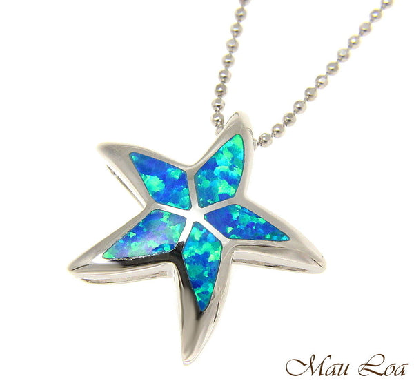 925 Sterling Silver Rhodium Hawaiian Sea Star Starfish Blue Opal Slider Pendant