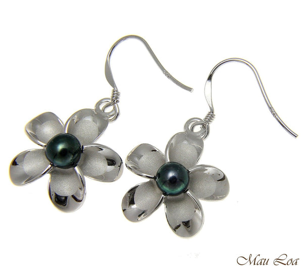 925 Silver Hawaiian Plumeria Flower Fresh Water Pearl Wire Hook Rhodium Earrings