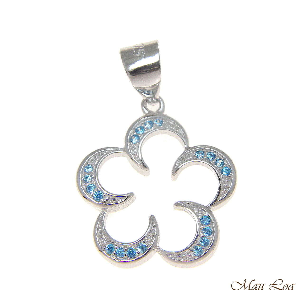 925 Silver Genuine Blue Topaz Hawaiian Floating Plumeria Flower Pendant