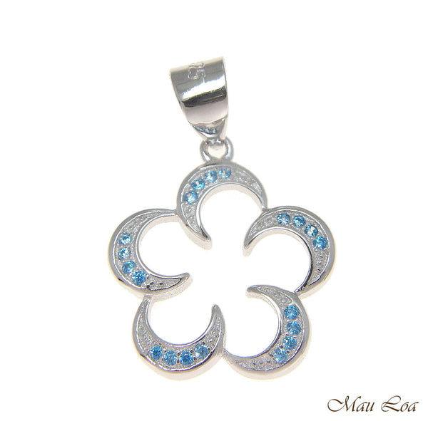 925 Silver Genuine Blue Topaz Hawaiian Floating Plumeria Flower Pendant