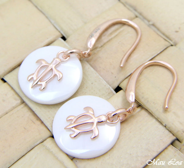 925 Silver Pink Rose Gold Hawaiian Honu Sea Turtle White Ceramic Circle Earrings