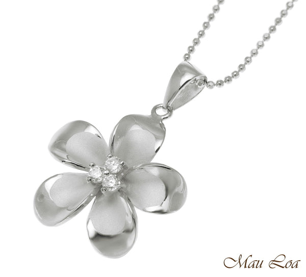 925 Sterling Silver Hawaiian Plumeria Flower 3 CZ Rhodium Pendant Charm 12-30mm