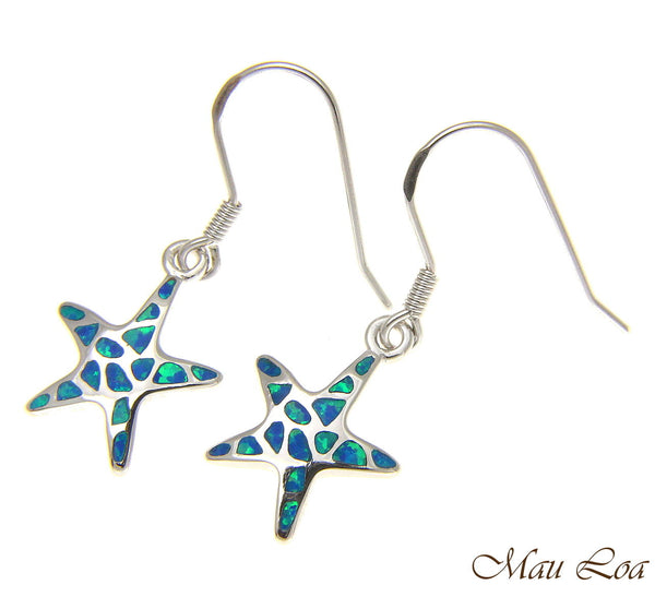 925 Silver Rhodium Hawaiian Starfish Sea Star Blue Opal Hook Wire Earrings