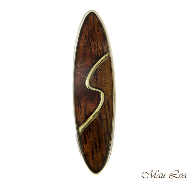 Koa Wood Hawaiian 2T Yellow Wave Surfboard Rhodium Silver Plated Brass Pendant