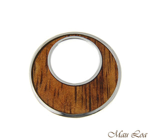 Koa Wood Hawaiian Scroll Circle Ocean Wave Rhodium Silver Plated Brass Pendant