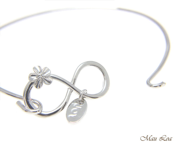 Rhodium Plated on Brass Hawaiian Infinity Plumeria Flower Open Bangle Bracelet