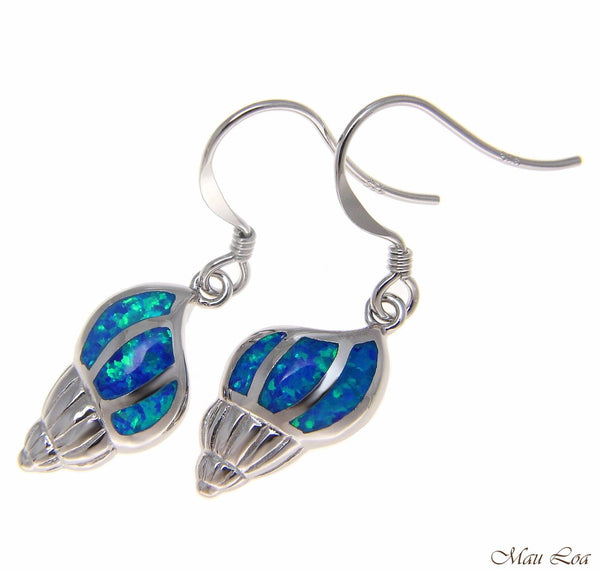 925 Sterling Silver Rhodium Hawaiian Conch Shell Blue Opal Hook Wire Earrings