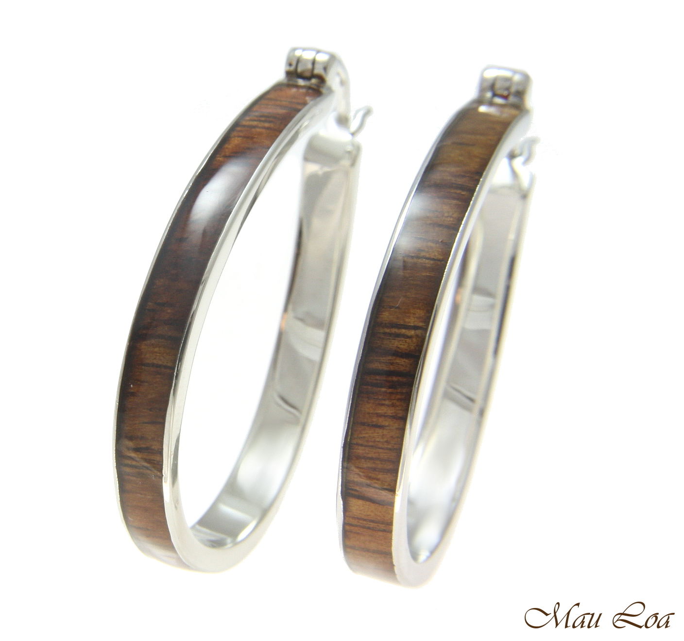 Koa Wood Hawaiian Rhodium Plated Brass 31x41mm Oval Hoop Snap Closure Earring
