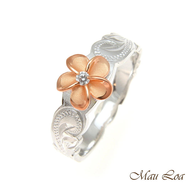 925 Silver Rhodium Hawaiian Scroll Pink Rose Gold CZ Plumeria Flower Ring #1-10