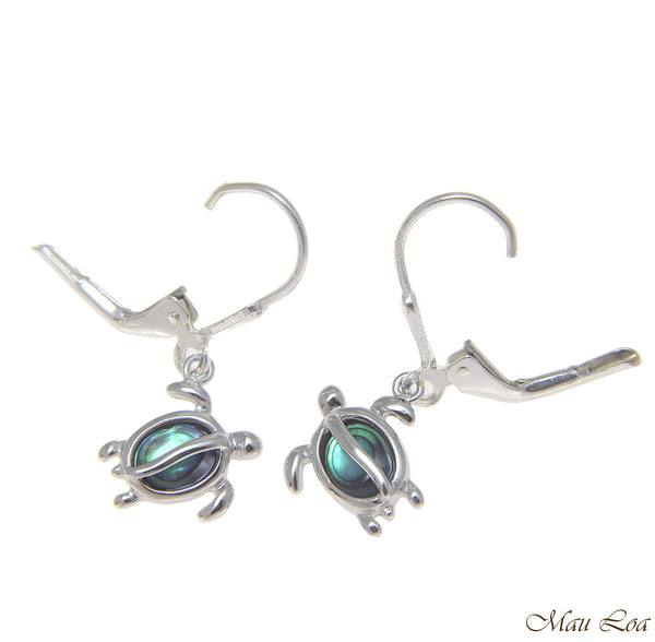 925 Sterling Silver Hawaiian Honu Turtle Abalone Shell Paua Leverback Earrings