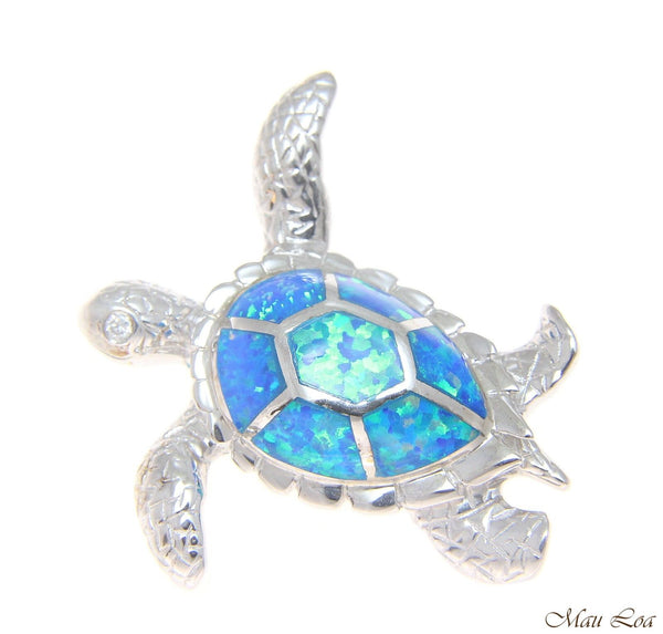 925 Sterling Silver Hawaiian Honu Sea Turtle Blue Opal Slider Pendant