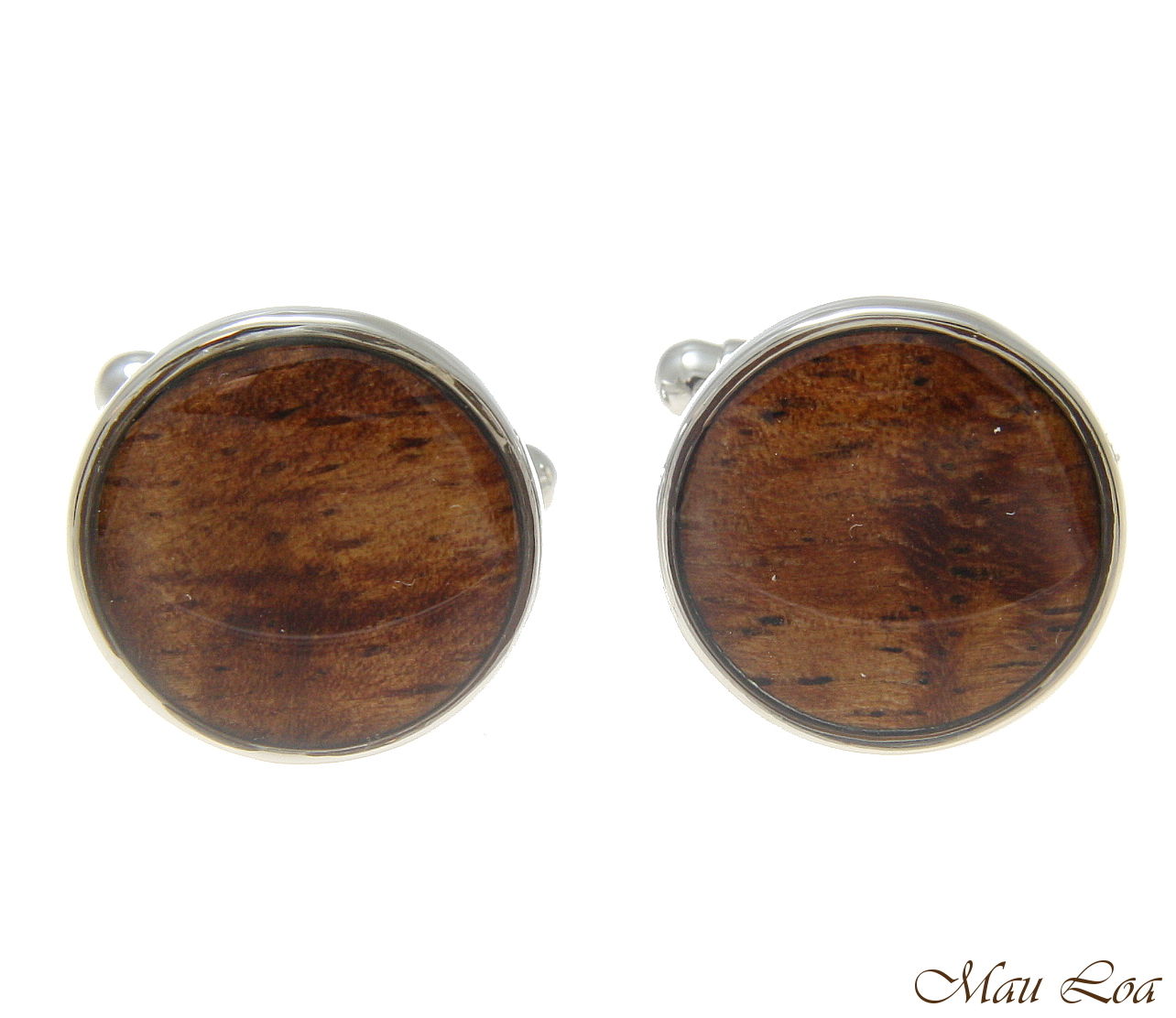 Koa Wood Hawaiian Rhodium Silver Plated Brass 16mm Circle Round Cufflink