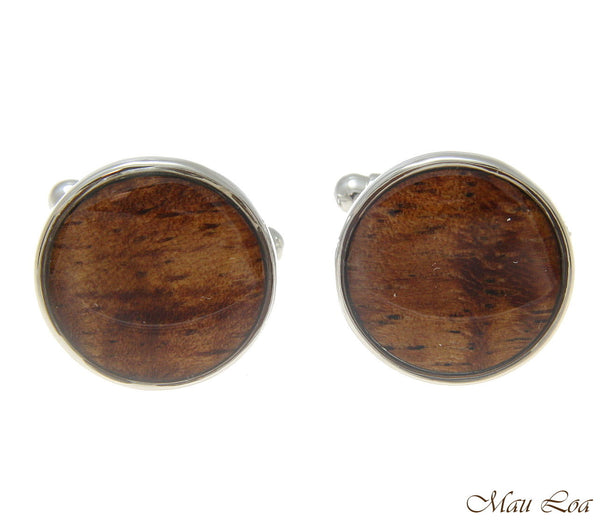 Koa Wood Hawaiian Rhodium Silver Plated Brass 16mm Circle Round Cufflink