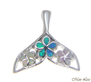 925 Silver Rhodium Hawaiian Multi Opal Plumeria Flower Whale Tail Slider Pendant